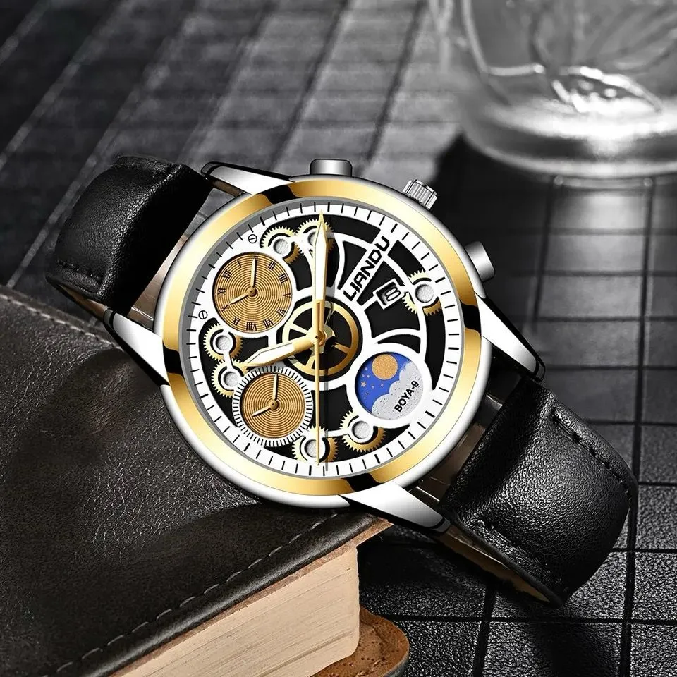 Reloj De Pulsera Deportivo Para Hombre  Cronógrafo De Cuarzo Y Cuero Con Esfera Mecánica De Lujo